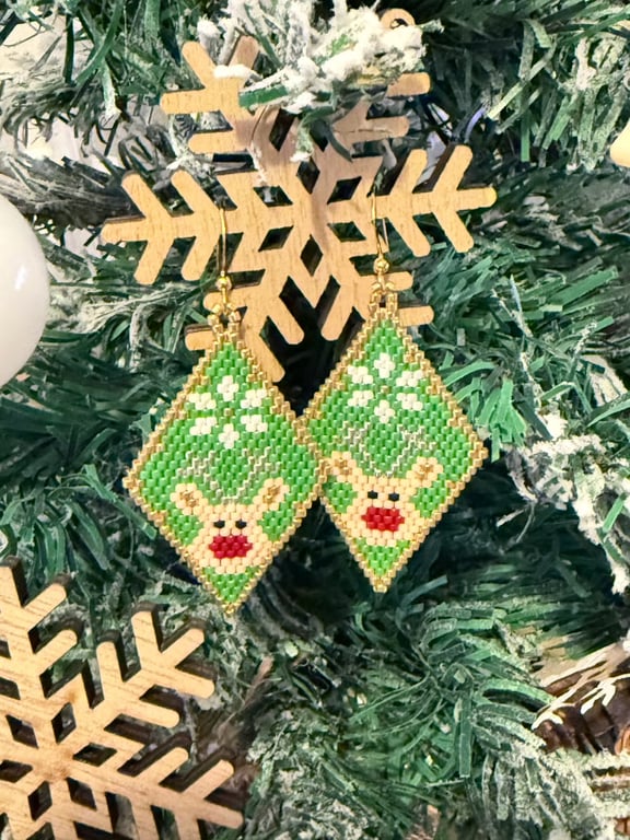 Festive green Christmas reindeer beadwork earrings