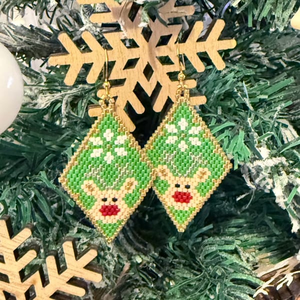 Festive green Christmas reindeer beadwork earrings