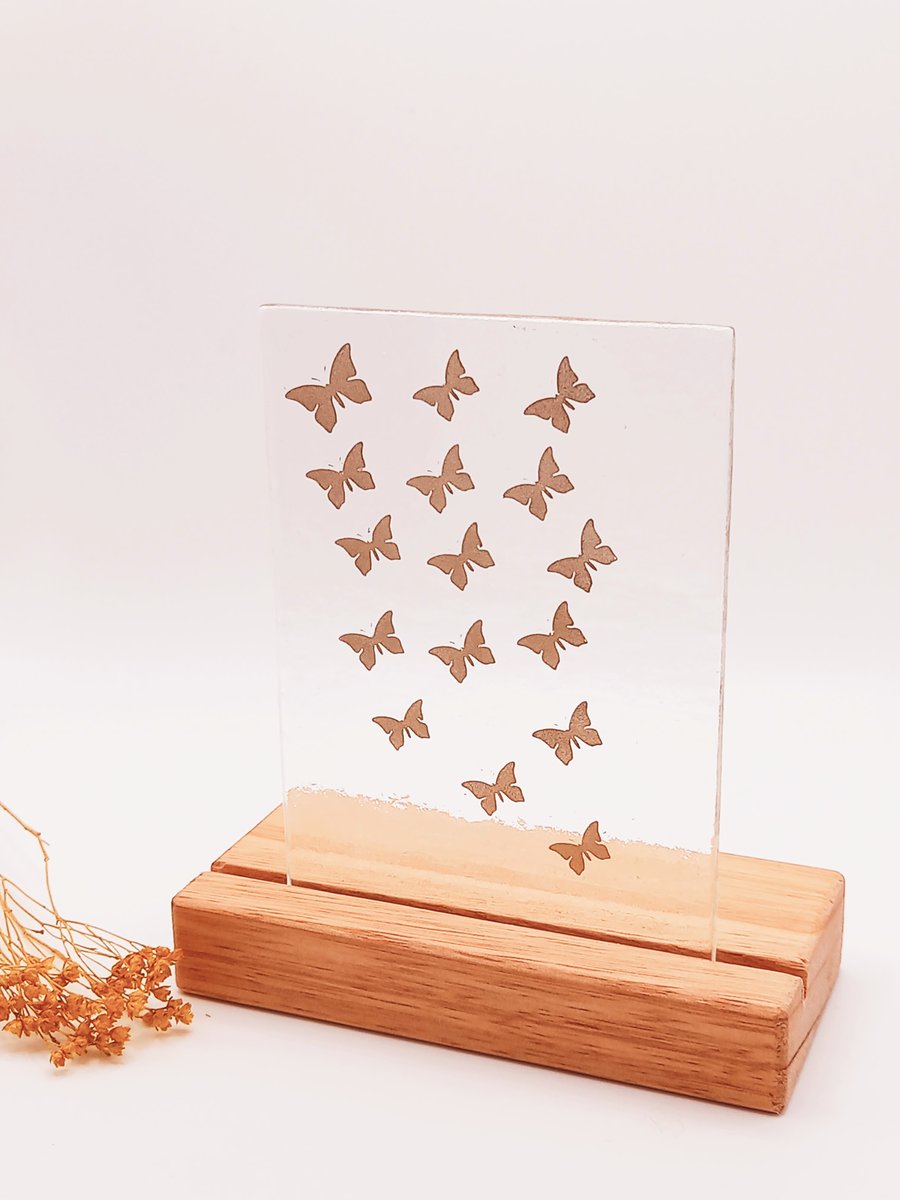 Golden Butterflies, fused glass design in a wooden stand