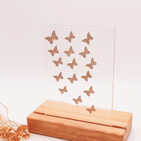 Golden Butterflies, fused glass design in a wooden stand