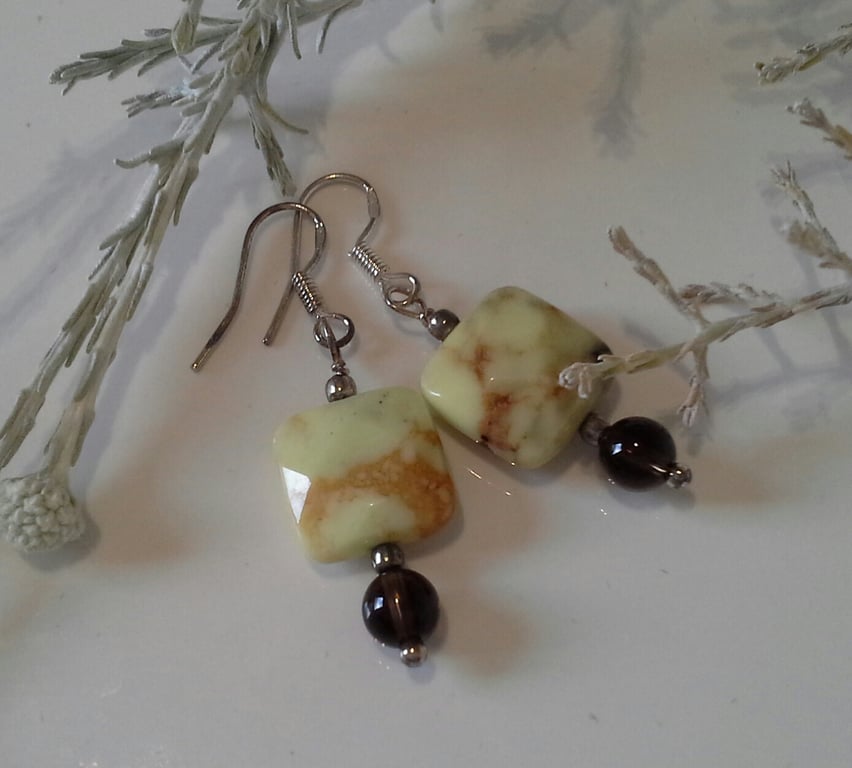 Lime Jasper & Smokey Quartz Sterling Silver Earrings