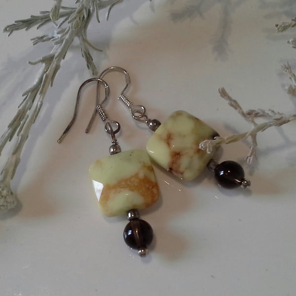 Lime Jasper & Smokey Quartz Sterling Silver Earrings