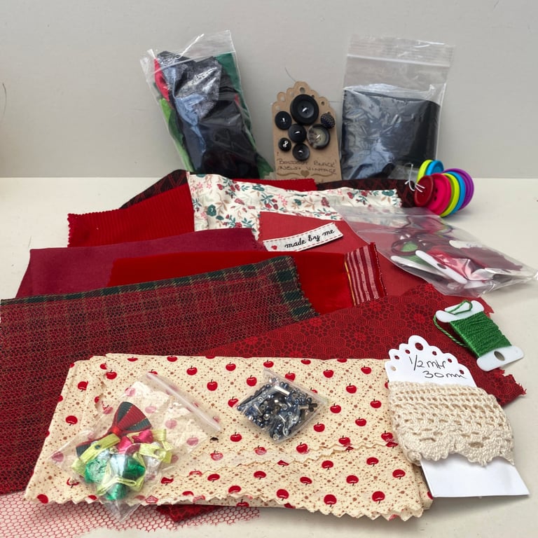 Textiles collage kit, fabric and embellishments, smaller kit ref 23