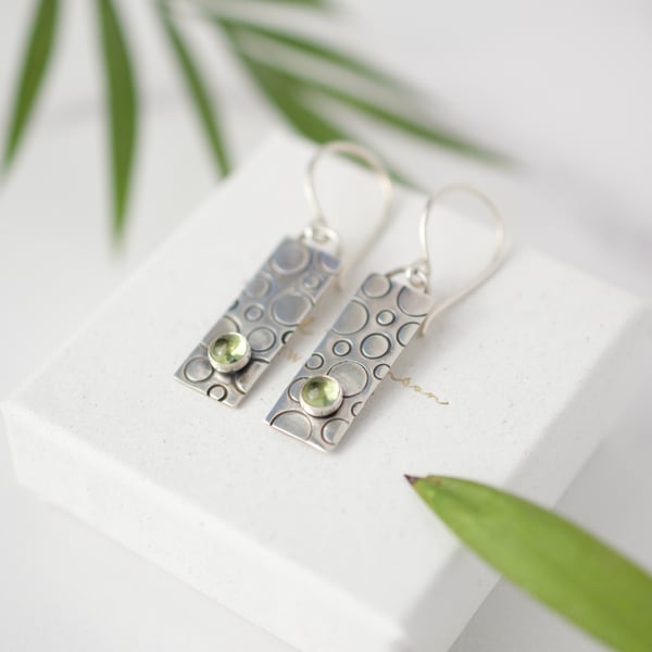Rectangular Silver Earrings with Peridot Stones