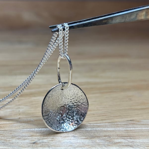 Sterling Silver Domed Textured Pendant Necklace 