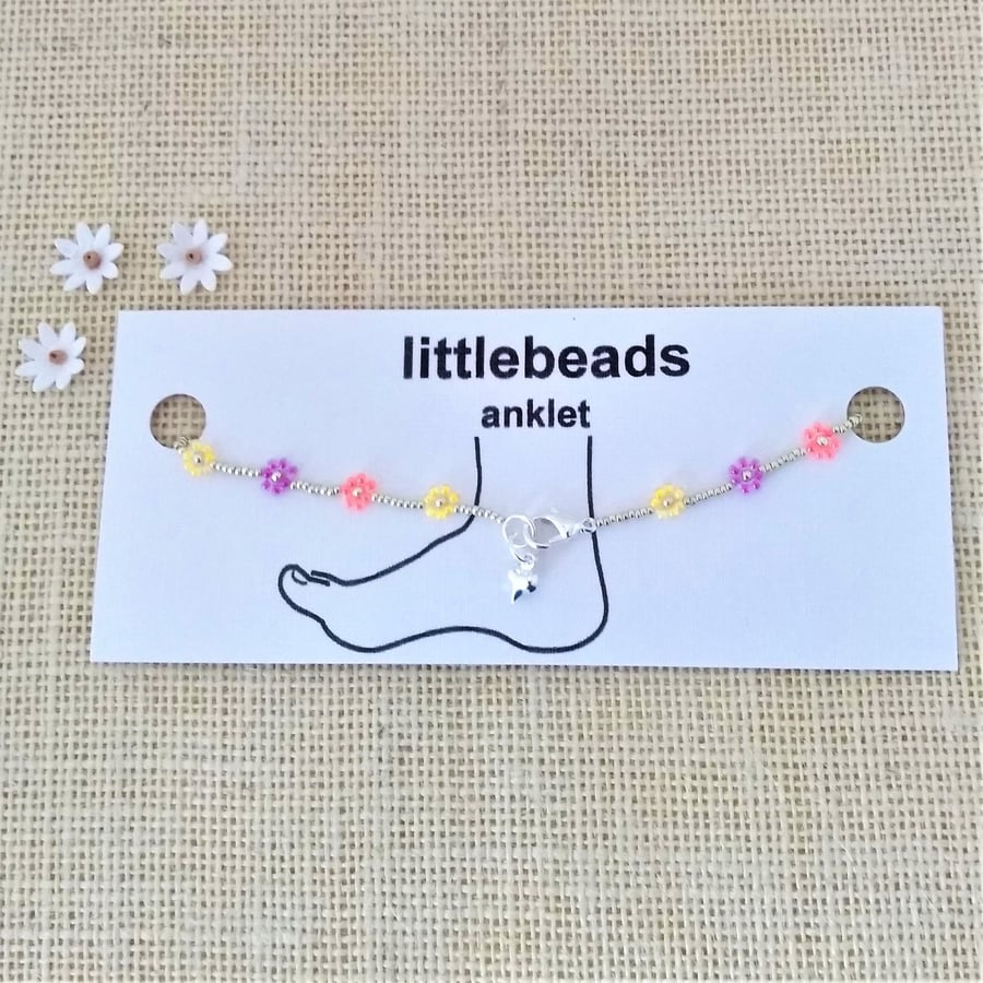 Yellow, Purple and Flamingo Daisy Seed Beaded Anklet 