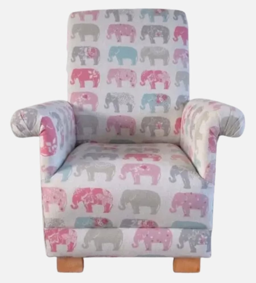 Kid's Chair in Pastel Elephants Fabric Pink Grey Patchwork Armchair Girls Blue