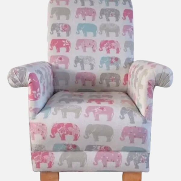 Kid's Chair in Pastel Elephants Fabric Pink Grey Patchwork Armchair Girls Blue