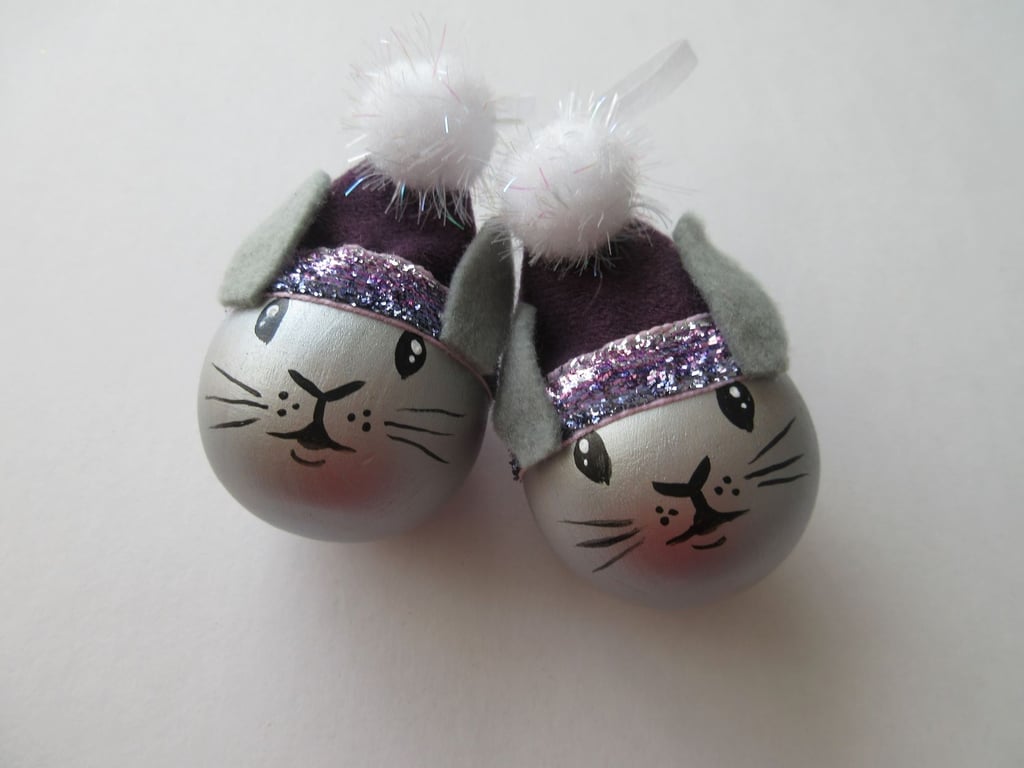 2x Purple Silver Bunny Rabbit Head Christmas Tree Bauble Decorations