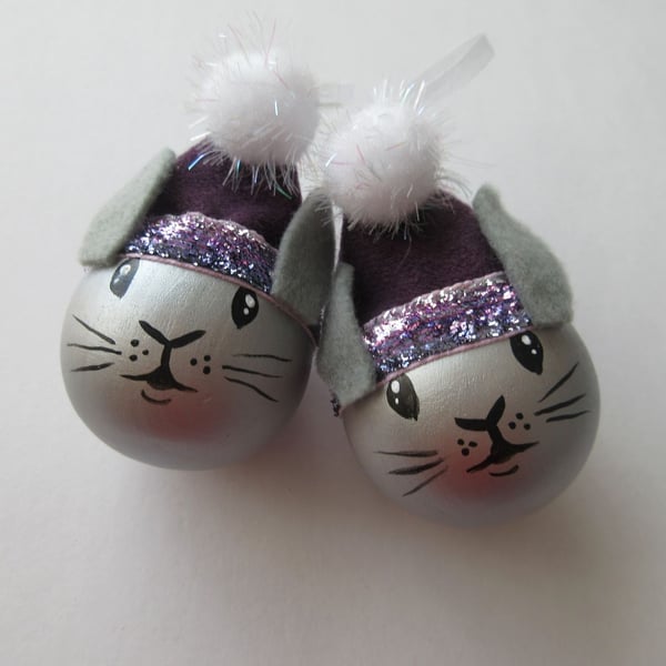 2x Purple Silver Bunny Rabbit Head Christmas Tree Bauble Decorations