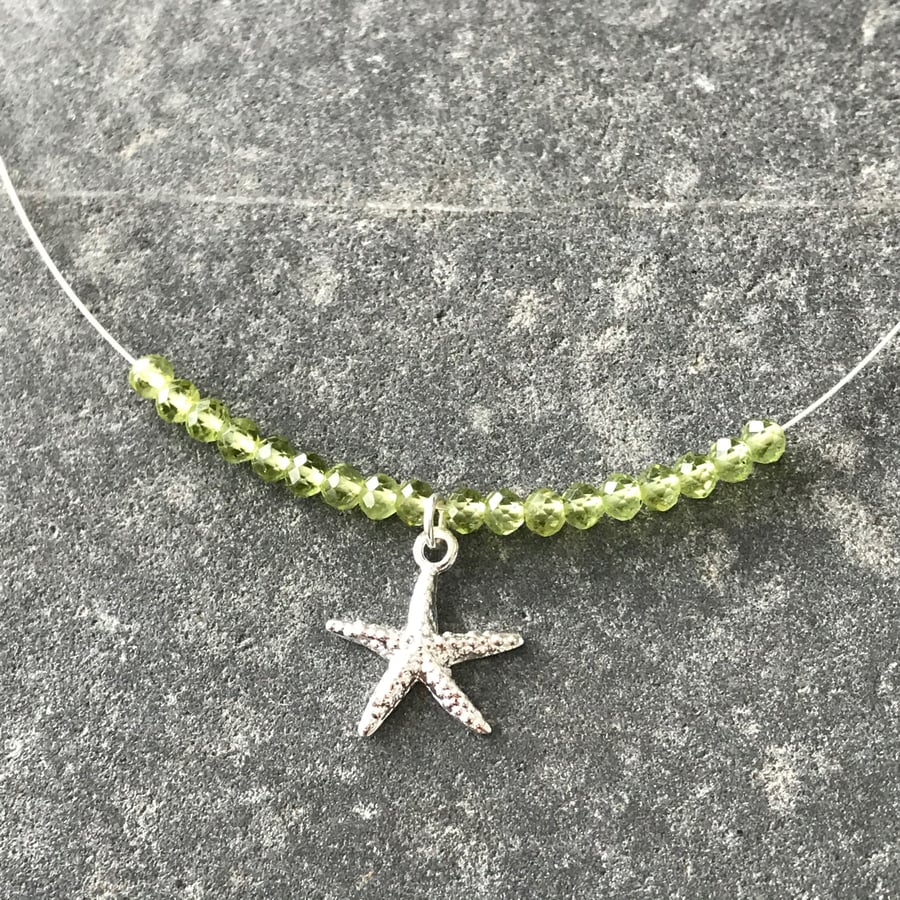 Peridot sea green gemstone bead necklace with sterling silver starfish charm 