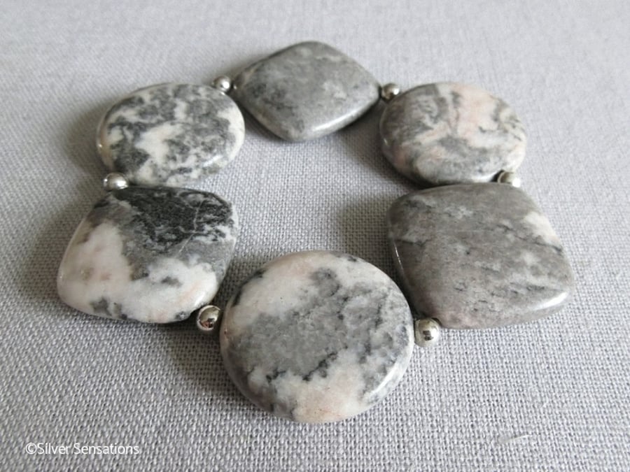 Chunky Pink & Grey Flamingo Jasper 'Diamonds', Coins & Ster Silver Cuff Bracelet