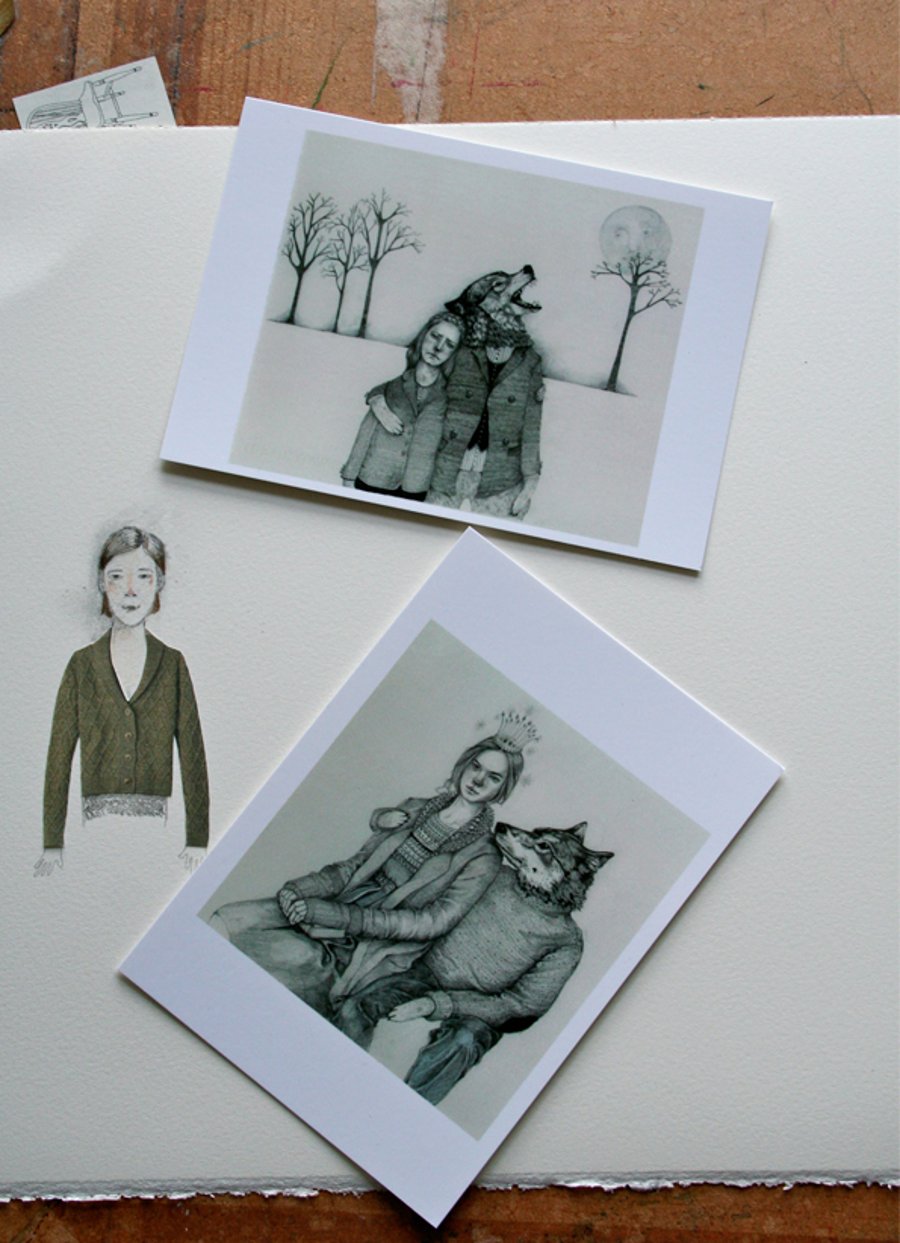 Postcard set of two Wolf Boyfriend 4x6 glossy postcards
