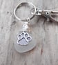 White Cornish Sea Glass with Paw Print Charm Bag Charm Key Ring K627