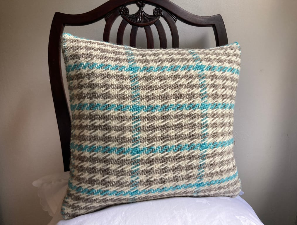 Angharad cushion - Aqua Blue 14” square. Handwoven in Wales
