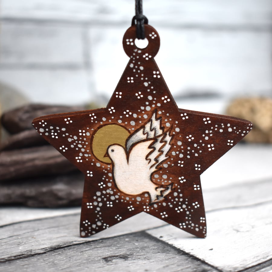 Dove in flight hanging star. Pyrography personalised decoration.