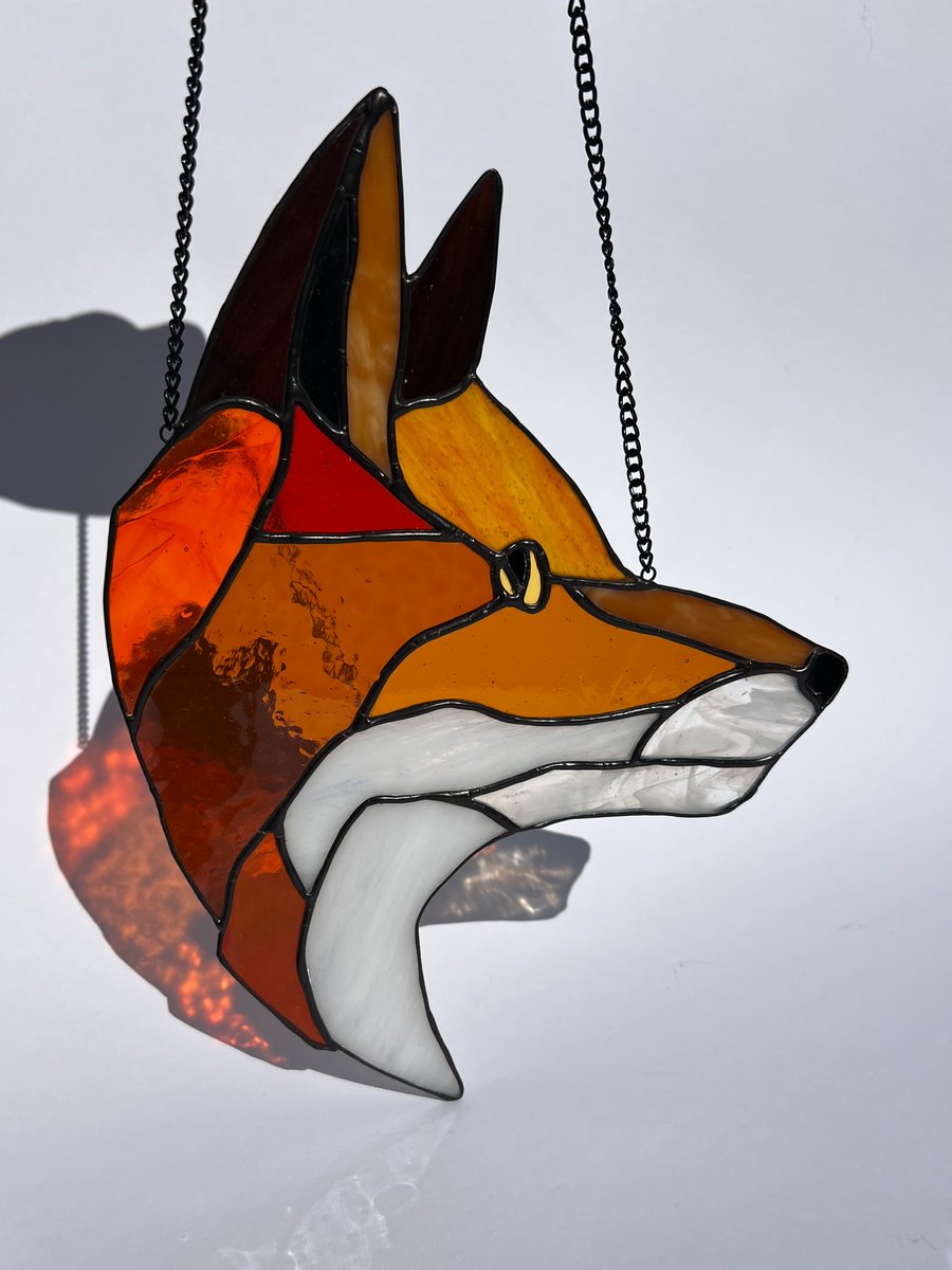 Stained Glass Fox with vintage glass, rich oranges, one of a kind