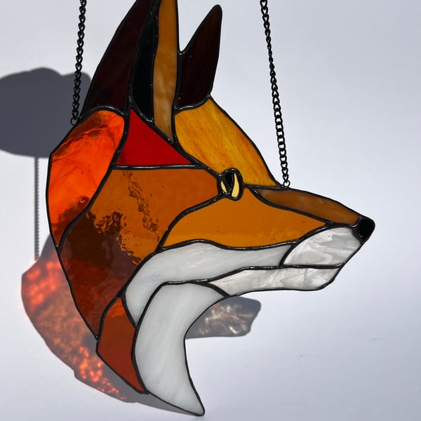 Stained Glass Fox with vintage glass, rich oranges, one of a kind