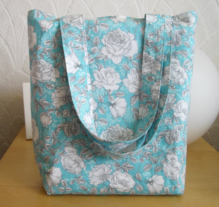 Floral tote bag shopper blue and white bag