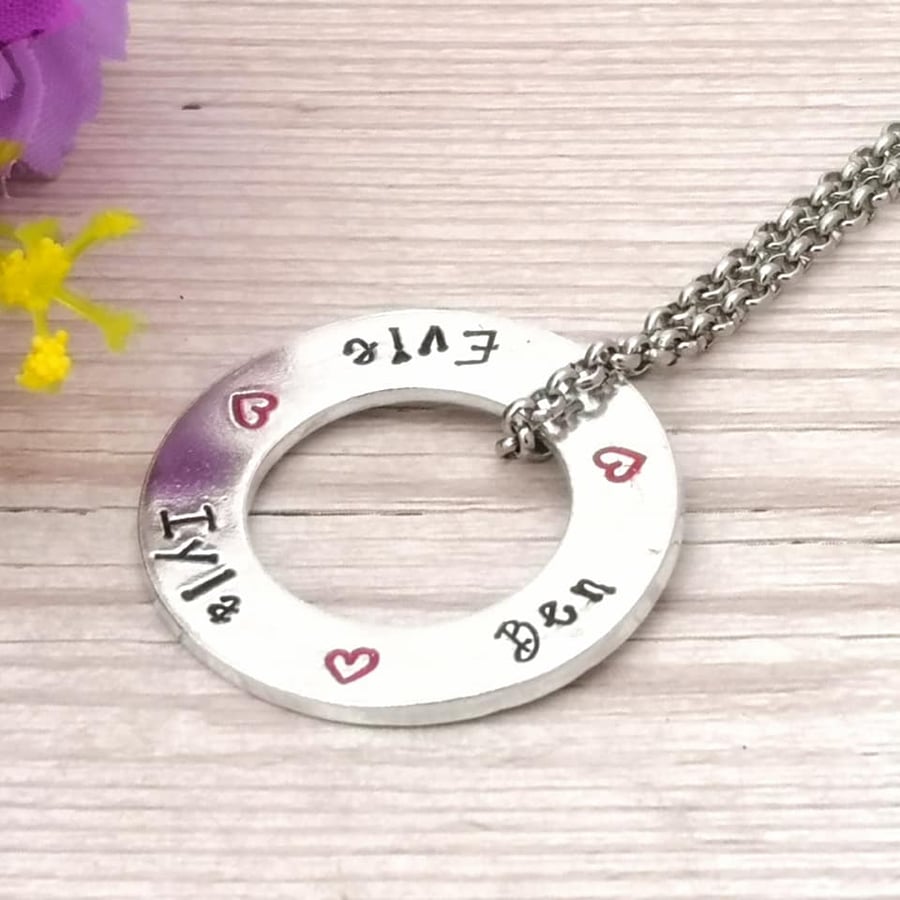 Family Names Necklace - Personalised Washer Necklace - Mum Gift - Children - Nan