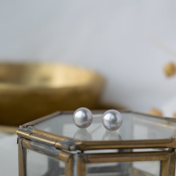 Silver Pearl Earrings, Real Freshwater Pearl Stud Earrings