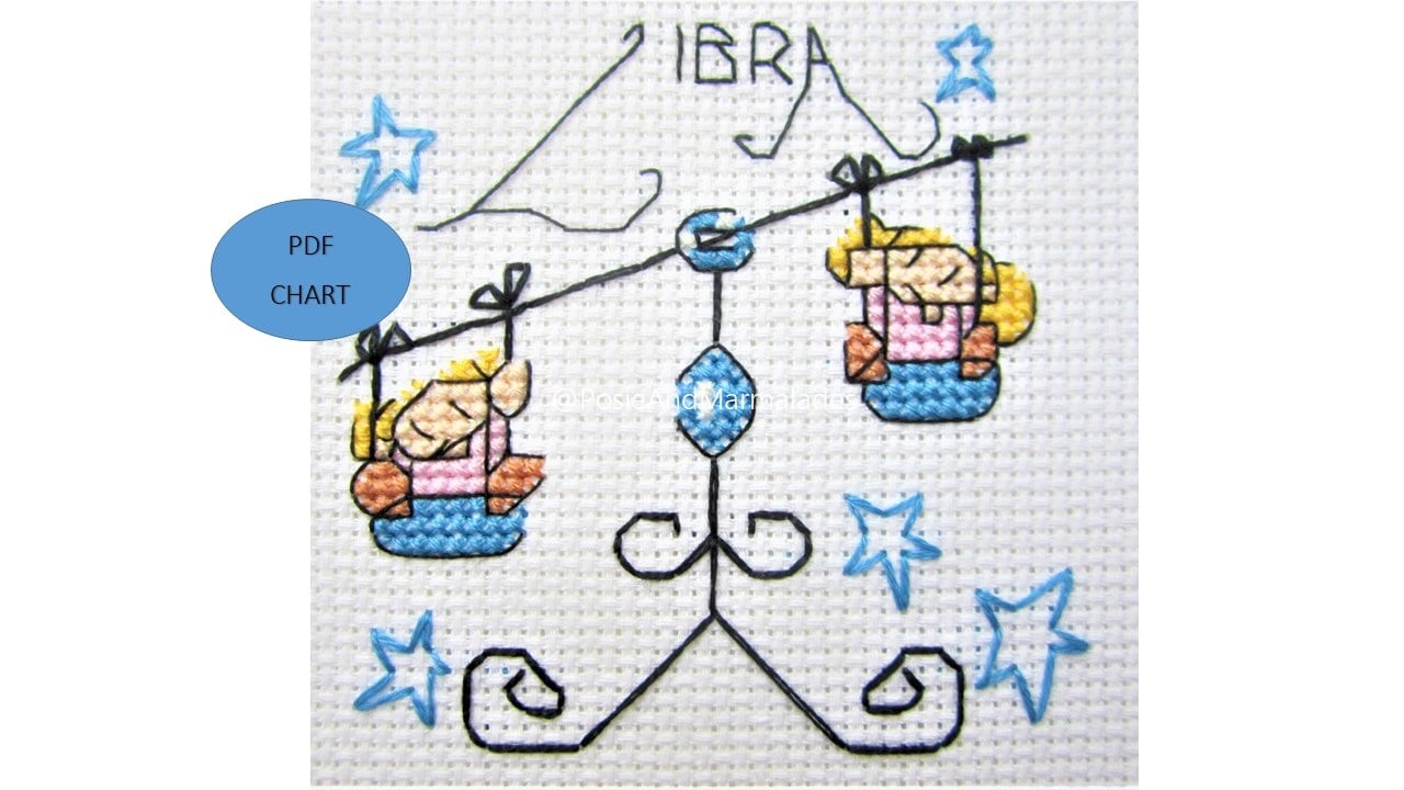 Libra cross stitch star sign zodiac theme small Instant Download PDF chart