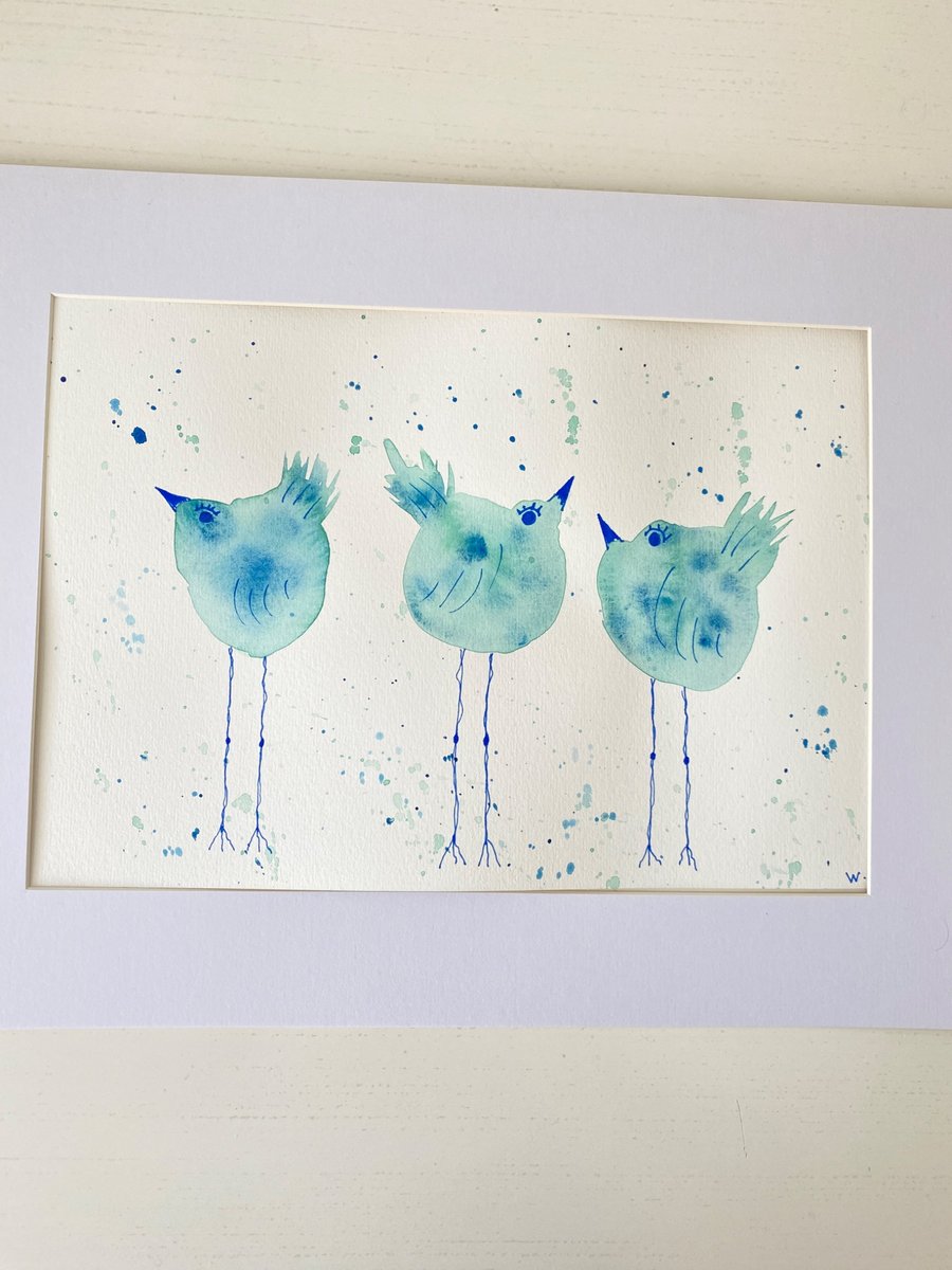 Three Leggy Birds watercolour painting. Size A4 includes mount.