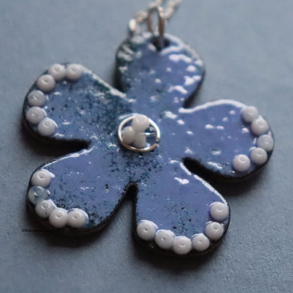 Blue flower kiln-fired enamel pendant