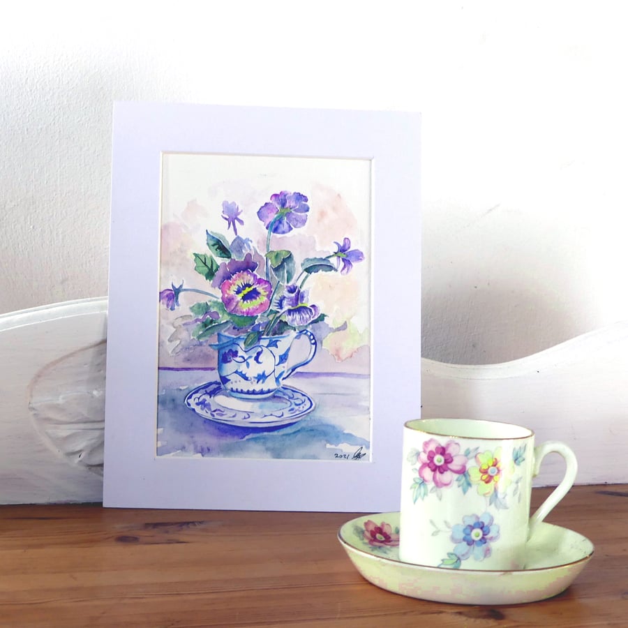 Flowers in a Tea Cup Original Watercolour Small Art 