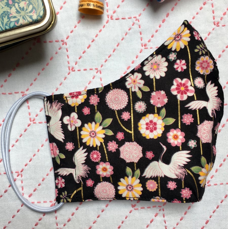Reusable Cotton Japanese Cranes and Flowers Fabric Face Mask Adult Child