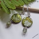 Designer Prehnite & Printed Shell Hoogie Earrings Silver Plated