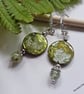 Designer Prehnite & Printed Shell Hoogie Earrings Silver Plated