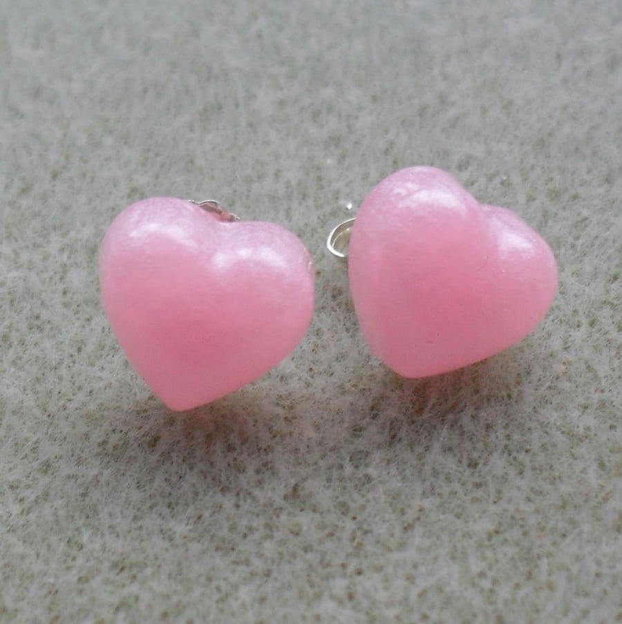 Sterling Silver Pink Heart Resin Stud Earrings