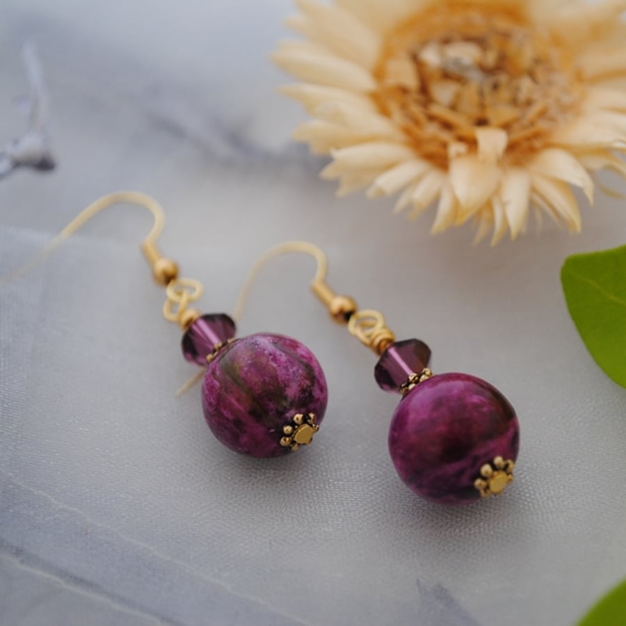 Purple Jasper & Swarovski crystal earrings (gold)
