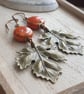 Brass maple leaf earrings, Orange and brass, Statement earrings - Image 8