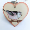 Long tailed tit pyrography hanging heart ornament 