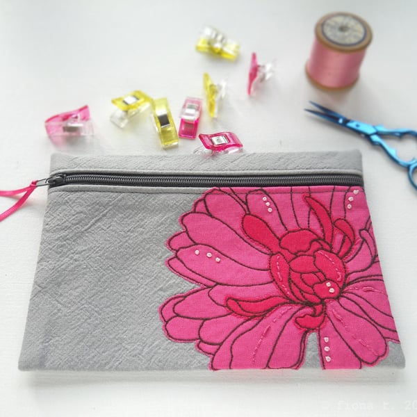 free motion & hand embroidered small floral zip purse pouch case - pink