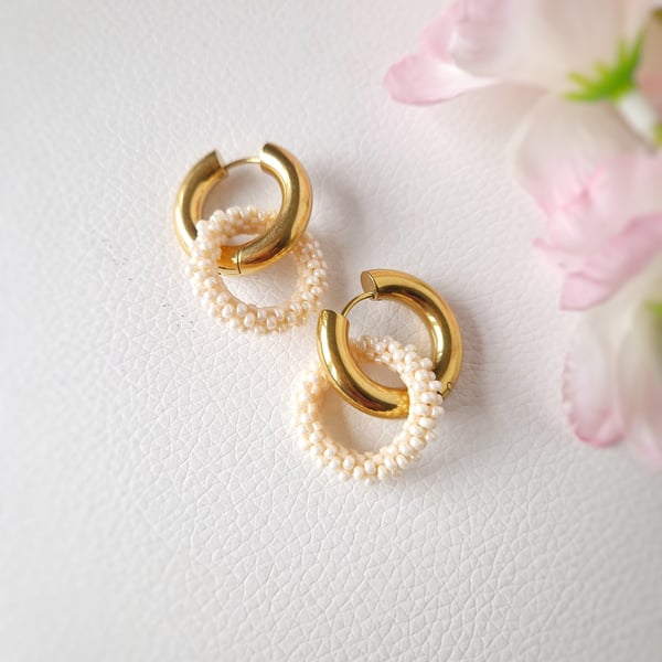Gold hoop earrings with beaded charm, thick huggie earrings, bridal jewellery 