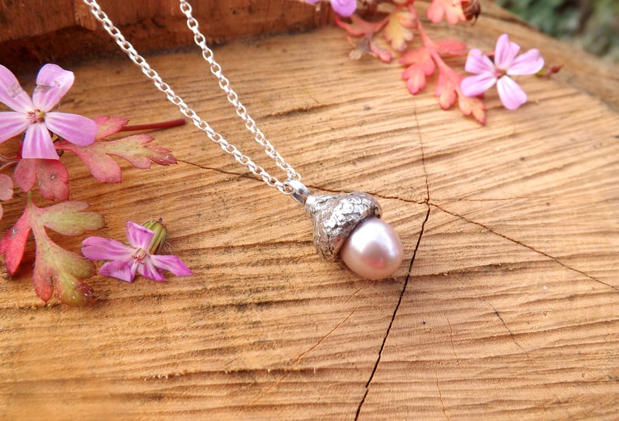 Pink Pearl Silver Acorn Necklace