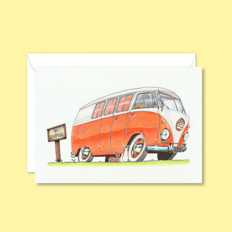 Camper Van Greeting Card: Camp Site Pencil Illustration - Blank Inside (325) 