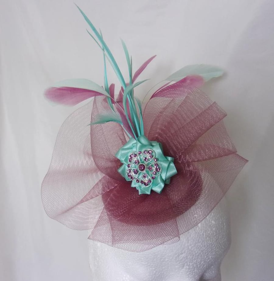 Rose Plum Pink & Bright Aqua Feather & Crinoline Diamante Fascinator Wedding Hat