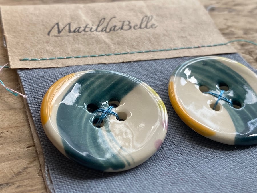 Ceramic Buttons Handmade Large Round set of Two