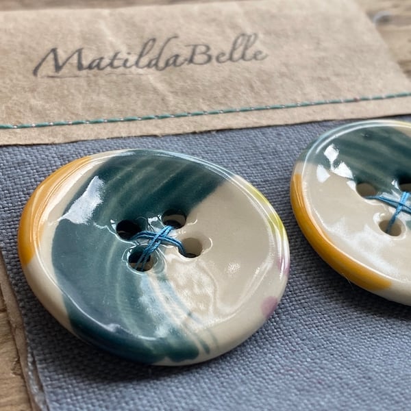 Ceramic Buttons Handmade Large Round set of Two