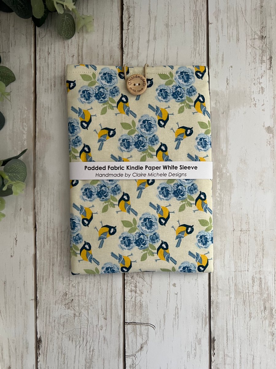 Kindle Paper White Cover, Padded Fabric Sleeve, Protector, Travel Case, Blue Tit