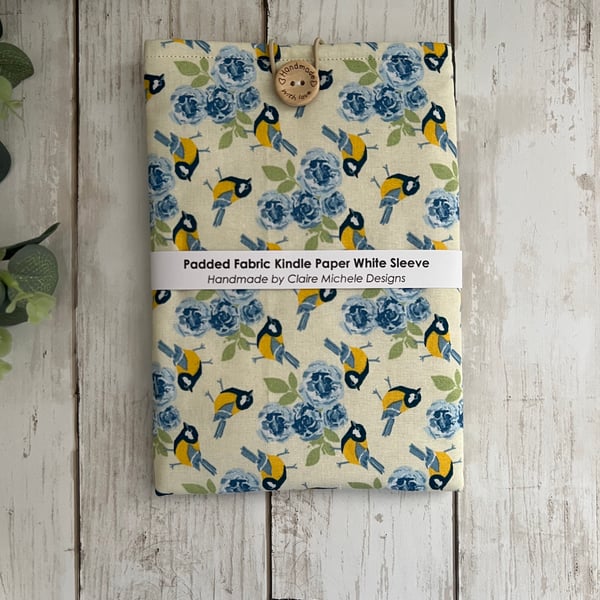 Kindle Paper White Cover, Padded Fabric Sleeve, Protector, Travel Case, Blue Tit