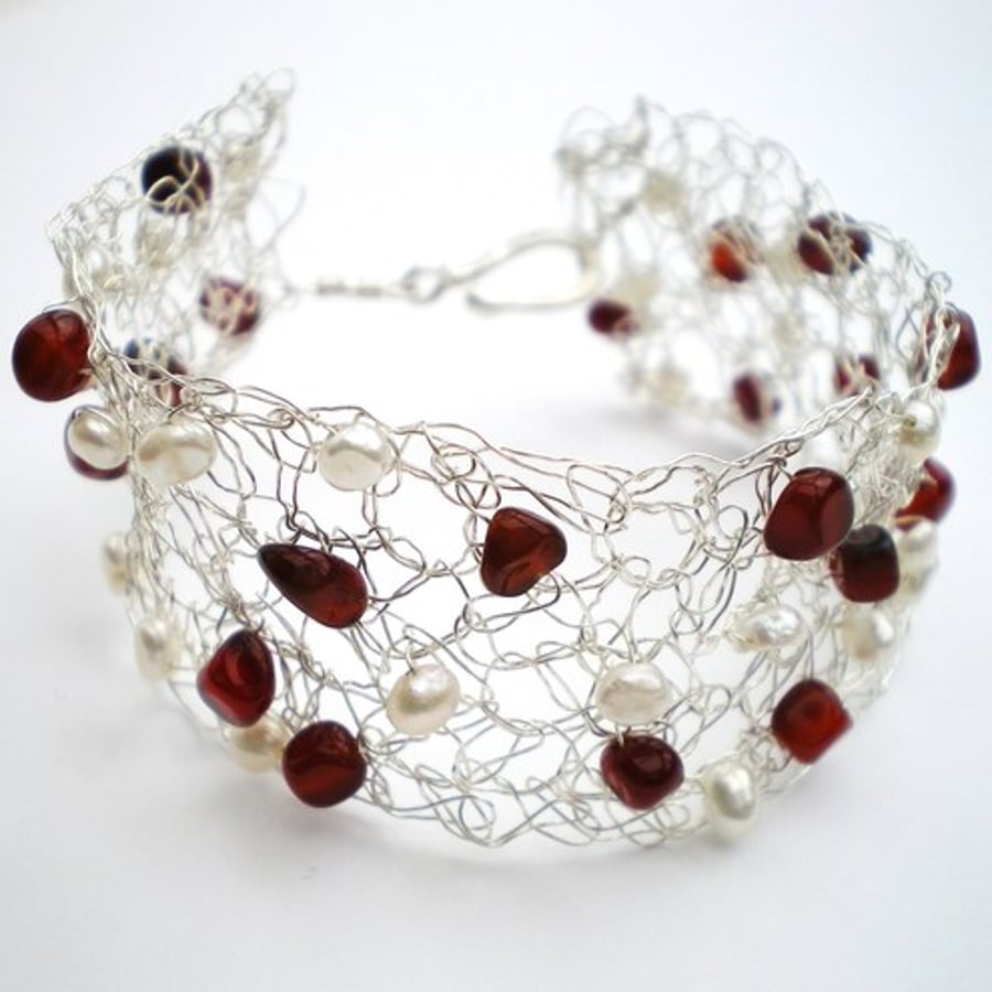 Fine Silver, Agate and Pearl Crochet Bracelet