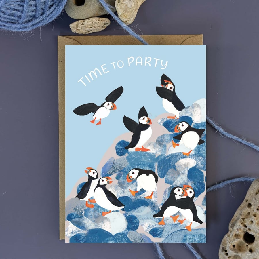 Happy Birthday Card Puffin coastal blank inside