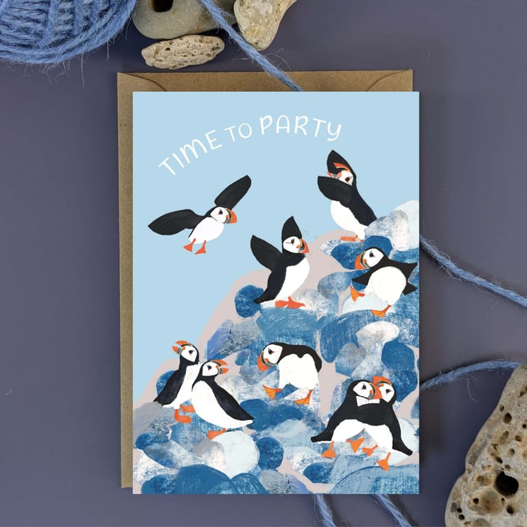 Happy Birthday Card Puffin coastal blank inside