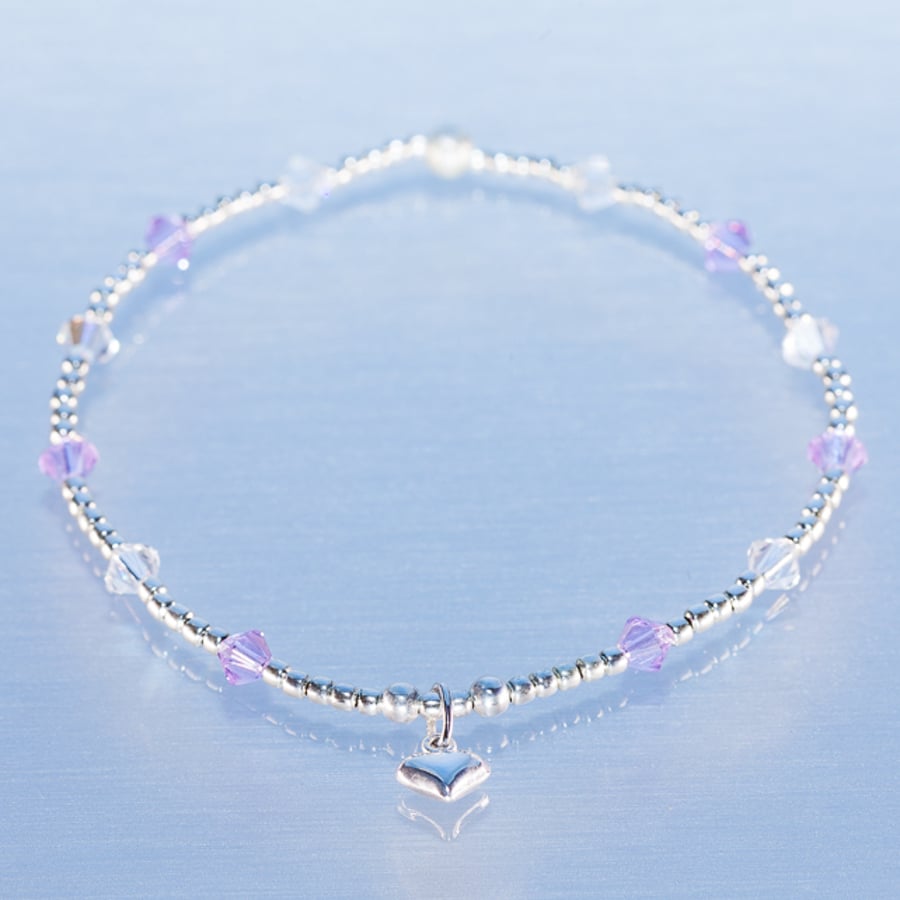 silver heart charm bracelet with pale swarovski