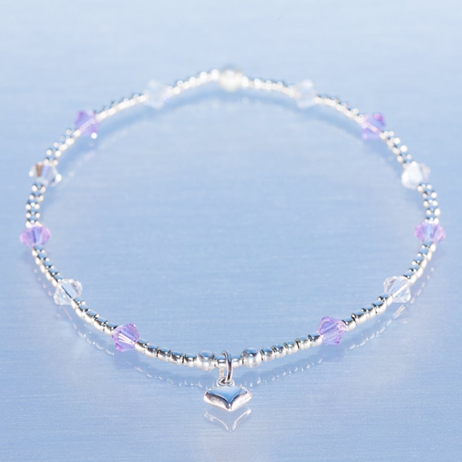 silver heart charm bracelet with pale swarovski